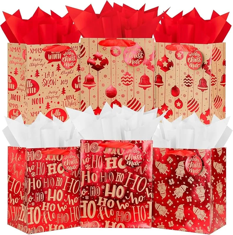KAHEIGN 12 Piezas Bolsas De Regalo Navideñas, 25 x 20 x 13CM Bolsas de Papel Metalizado Rojo con Papel de Seda, Etiqueta de Nombre y Asa de Cinta para Navidad Fiesta Regalos Envoltorio — Envoltorio regalo