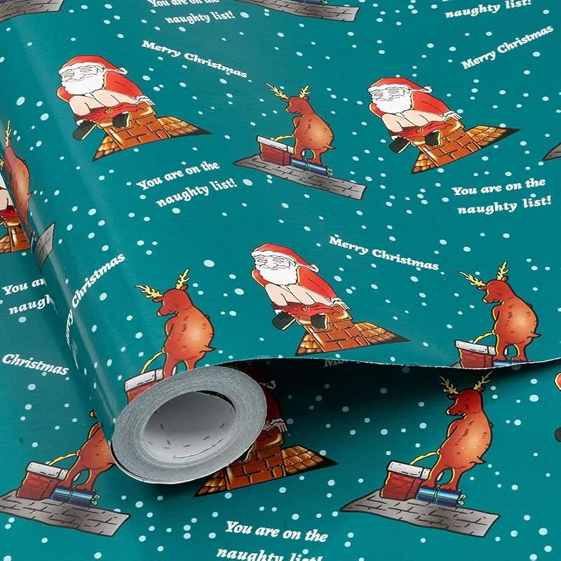 ZHNERY Papel de regalo travieso para Navidad: rollo de papel de regalo de 43 cm x 15 m, papel divertido para decoración de fiestas navideñas, envoltura de regalos — Envoltorio regalo