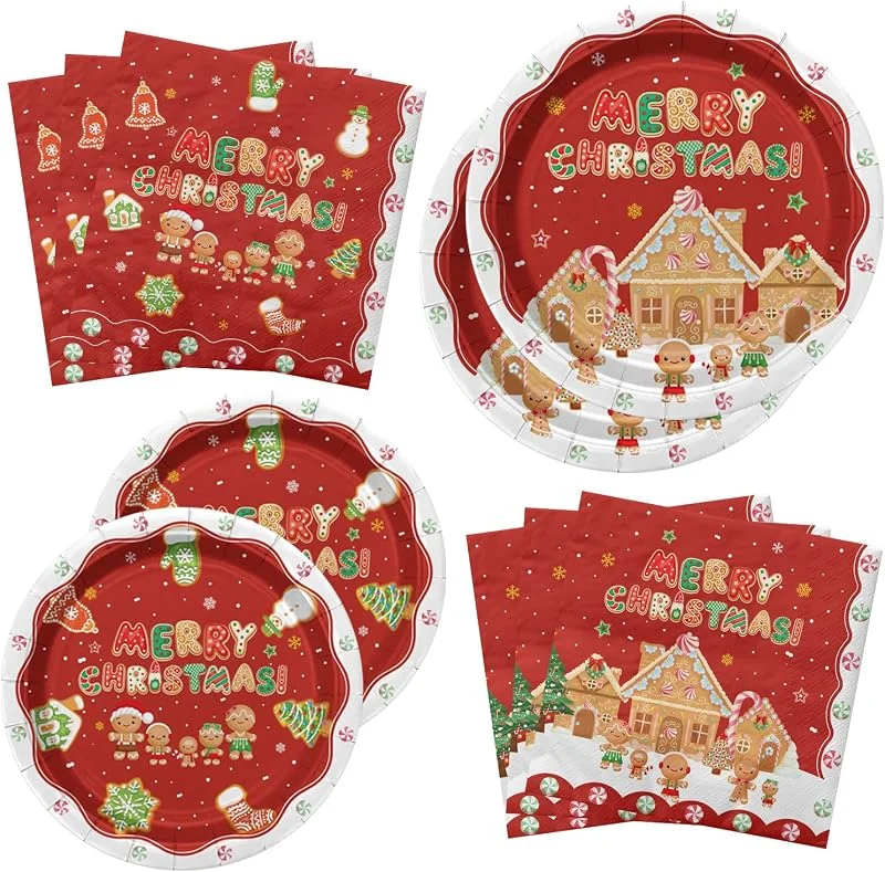 XJLANTTE Decoraciones de fiesta de pan de jengibre de Navidad, incluye platos de papel de copos de nieve de Navidad, servilletas de muñeco de nieve, tenedores, vajilla de Navidad para suministros de fiesta de — Adviento y mesa