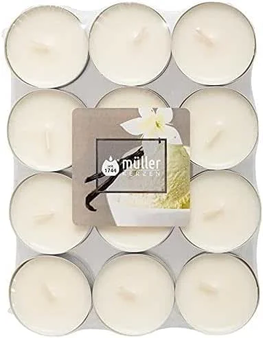 Visita la tienda de seit 1744 müller KERZEN Müller Tealights Velas Perfumadas - Fragancia Vainilla - 39 × 15 mm - Duración 4 Horas - Velas de Cera Color Marfil - Juego de 24 Candelabros — Cena a la luz de velas