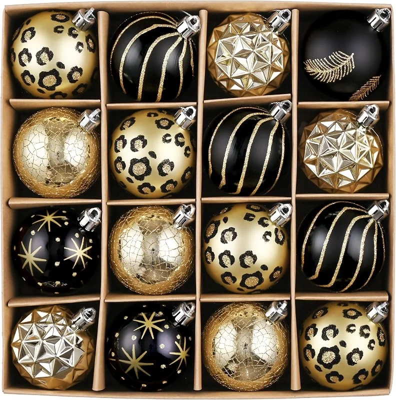 Visita la tienda de Valery Madelyn Valery Madelyn - Bola de Navidad para decoración de Navidad, 16 unidades, 6 cm, bolas de Navidad, color negro y dorado, para decoración de árbol de Navidad, personalizada, irrompible, vintage, regalo — Decoracion Navidad