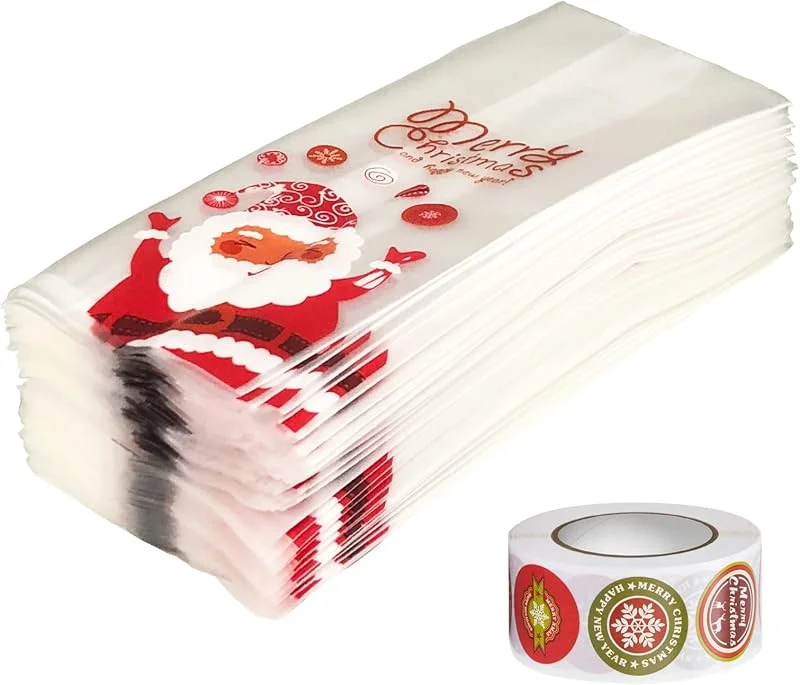 Eterspr 50PCS Bolsas de Dulces Navideños, con 1 Rollo 500 Adhesivos Navideños, Sellos Adhesivos, Bolsas de Galletas con Patrón de Papá Noel, para Dulces Navideños, Adornos para árboles de Navidad — Hogar y cocina