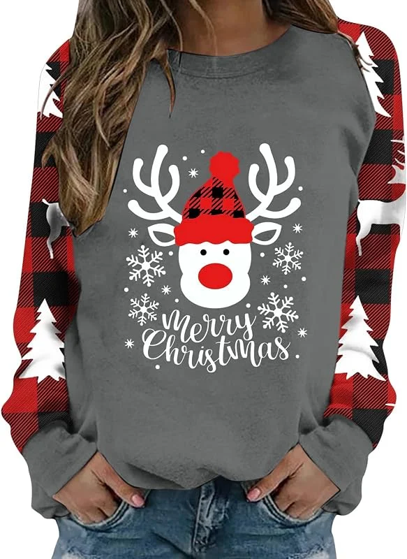 Generic HUIFUAO Sudadera de Navidad para mujer, suéter de Navidad para mujer, muñeco de nieve, cuello redondo, lindo suéter rojo de Navidad para mujer, gris, M — Ropa Navidad