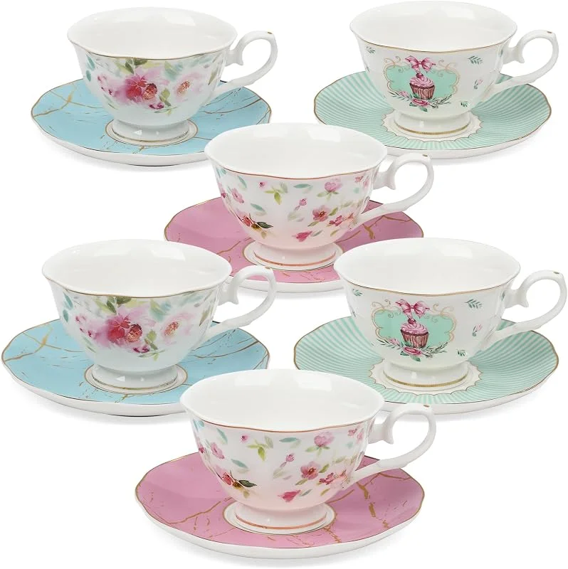 Visita la tienda de fanquare fanquare Juego de 6 Tazas de Té y Platillo de Rosas, Juego de Tazas de Té Británico para Regalo, Servicio de Té de Porcelana con Flores de Colores — Adviento y mesa