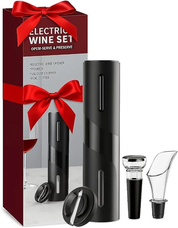 1 TO 1 MARKET Sacacorchos eléctrico. Abridor de vino eléctrico 4 en 1, abrebotellas eléctrico, cortador hojalata, tapón al vacío y decantador antigoteo. Sacacorchos profesional. Regalos originales para hombre. — Vino y mesa festiva