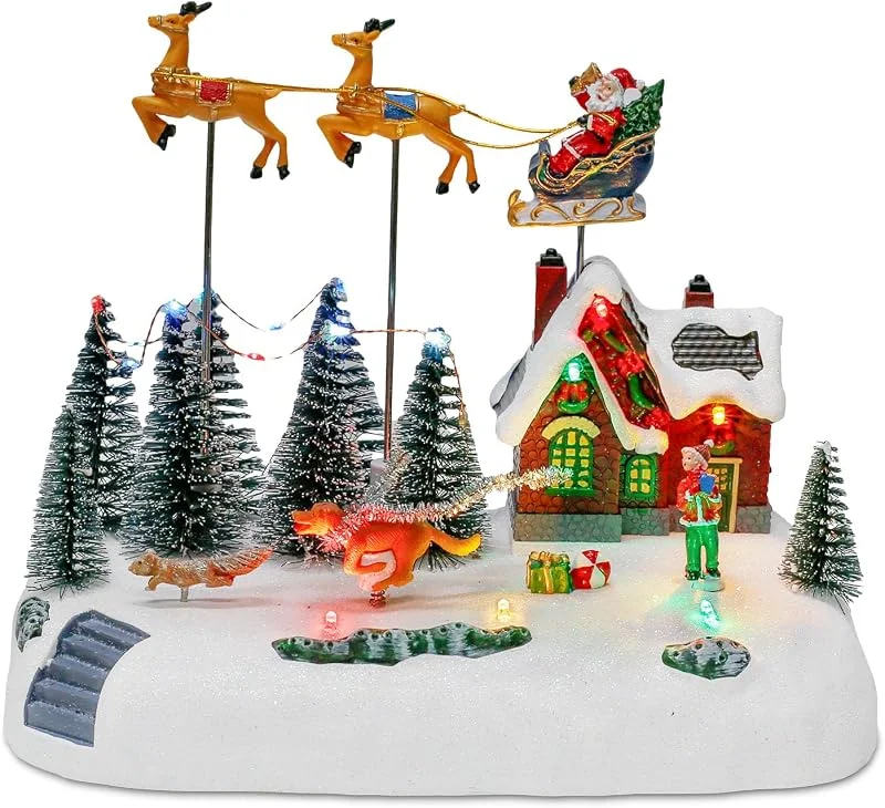 innodept12 Pueblo navideño animado con trineo de Papá Noel y reno, aldea de casa iluminada por LED con figuras móviles, decoración musical de Navidad para interiores, escena de exhibición coleccionable de — Decoracion Navidad
