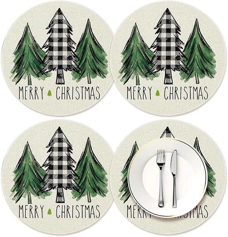 ZJILIXIA 4 Piezas Mantel Individual Redondo Navideño, Decoración De Mesa De Navidad, Manteles Individuales Lavables Redondos, Manteles Individuales De Lino, Decoraciones De Mesa De Navidad para Cena (B) — Hogar y cocina