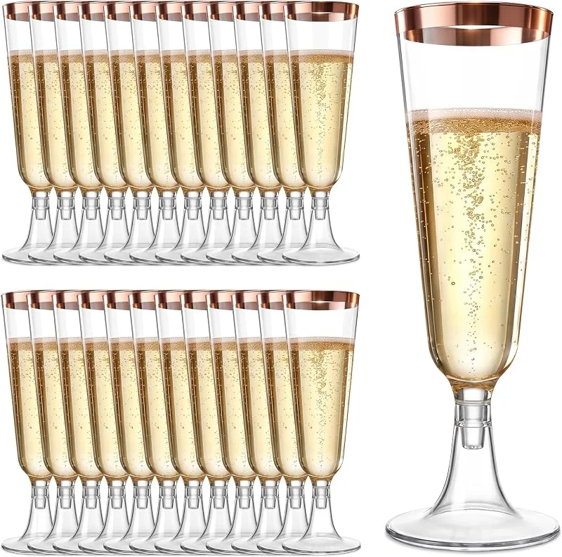 YWKJDDM 25 Vasos Desechables, Copas de Champán de Plástico, 150 ml, Transparentes, para Fiestas, Bares, Bodas (Oro Rosa) — Vino y mesa festiva