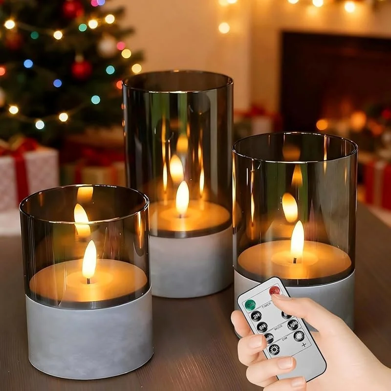 Kujizpu Set de 3 velas LED parpadeantes con función de temporizador, velas sin llama con control remoto, velas de columna parpadeantes de LED para fiestas, 10, 12.5, 15cm — Cena a la luz de velas
