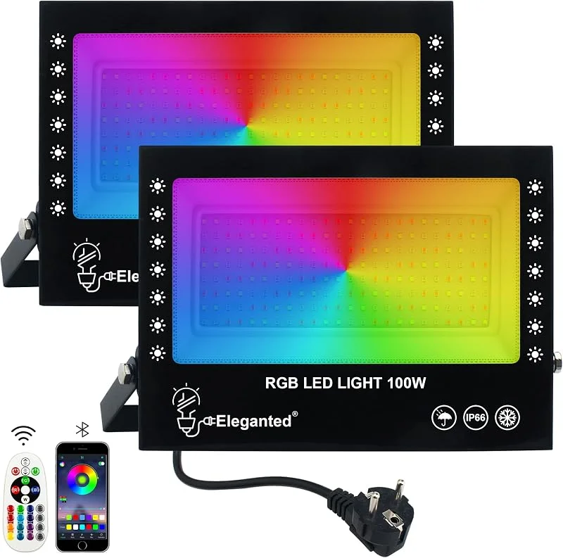 Visita la tienda de Eleganted 2pcs 100W Focos LED RGB Exterior Inteligente Control Remoto, Sincronizada con Música Proyector LED IP66 Impermeable para Jardin Terraza Garaje (RGB, 100W) — Luces Navidad