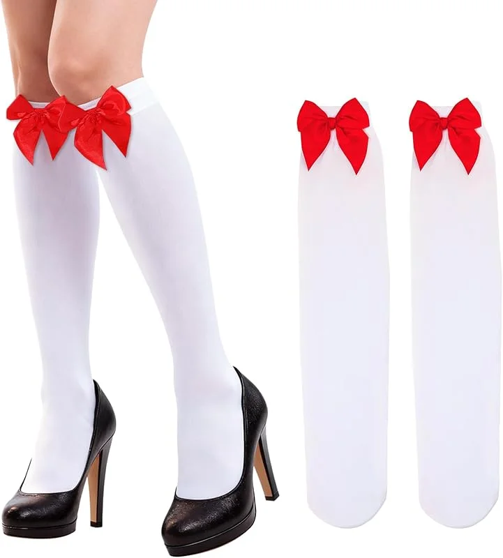 XIABYAYU Calcetines Largos Mujer Con Lazos, 2 Pares Calcetines Con Lazo, Medias Altas, Over-The-Knee Stockings Apto Para Carnaval, San Valentín, Halloween, Navidad — Ropa Navidad