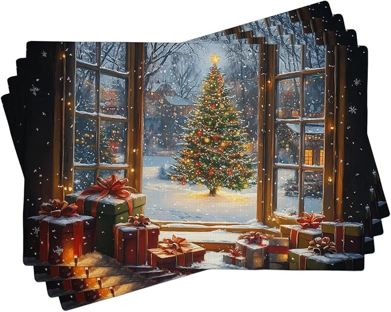 Generic Juego de 4 manteles individuales de árbol de Navidad, manteles individuales de invierno con diseño decorativo colorido, lavables para interiores y exteriores, accesorios de comedor de Navidad, 45, 7 x — Hogar y cocina