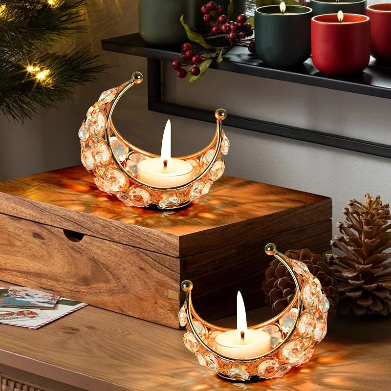 Visita la tienda de KRIPINC Juego de 2 Portavelas Dorados Forma de Luna con Cuentas de Cristal — Cena a la luz de velas