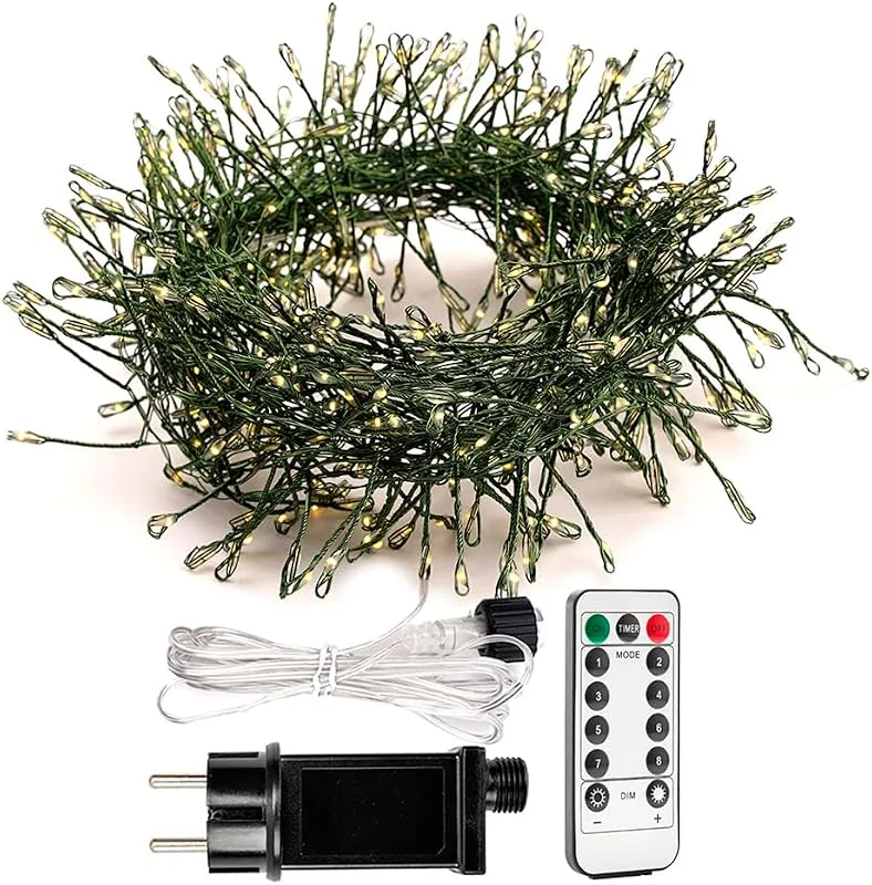 Visita la tienda de ZELUXDOT Luces de petardo de 10m, 300 LED de alambre verde, luces de hadas de interior de color blanco cálido con control remoto para dormitorio, boda, cumpleaños, fiesta, árbol de Navidad, jardín — Luces Navidad