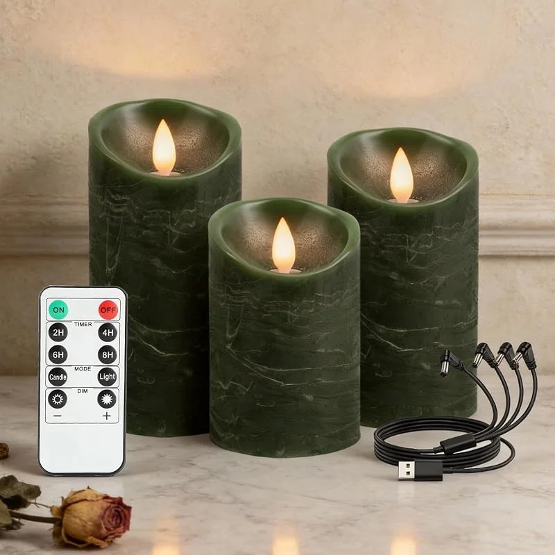 RanBluu Paquete de 3 Velas LED con mando a distancia y temporizador, vela led efecto llama Recargables USB, flameless candles electricas, para decoracion navidad hogar, camping, Verde — Cena a la luz de velas