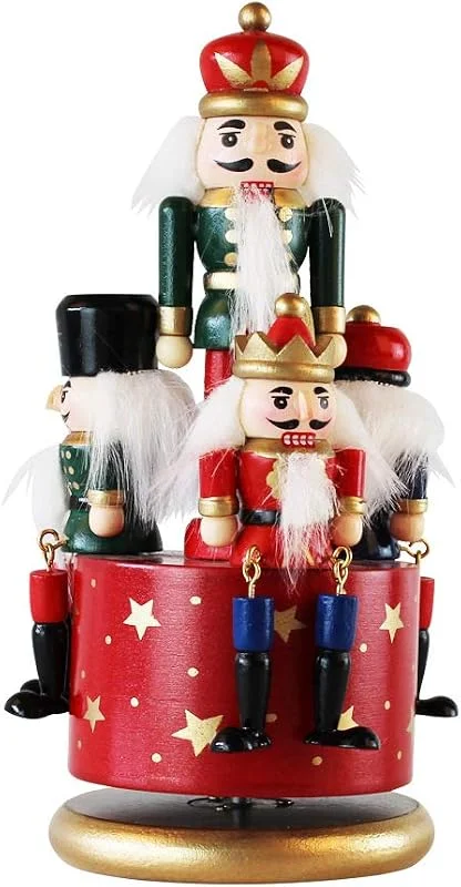 LINGSFIRE Caja de música Cascanueces de Madera, Decoraciones navideñas, 4 Figuras de Soldados, Caja Musical con Reloj y Base Redonda para decoración del hogar, Adornos de Navidad, Regalo (Rojo) — Decoracion Navidad