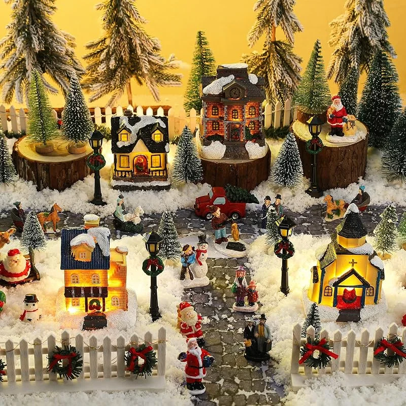 Wettarn Juego de 27 figuras de pueblo de Navidad, decoración de casas de pueblo con luz LED, edificios coleccionables con carreteras y calles, exhibición de escena de ciudad de Navidad, regalo para — Decoracion Navidad