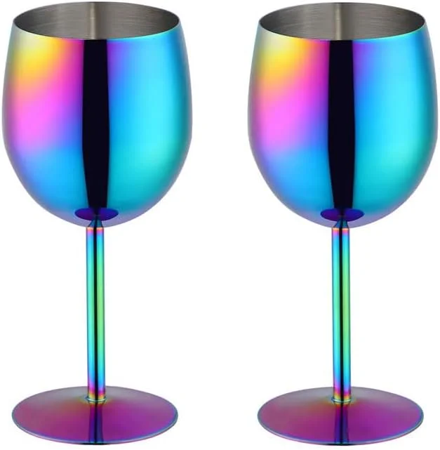BISDARUN Juego de 2 copas de vino blanco de acero inoxidable 18, 8, 350 ml, copas de metal para cóctel, champán, whisky, cerveza (arcoíris) — Vino y mesa festiva