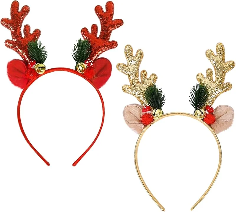 SAIIURV 2 Piezas Diademas de Navidad, Cornamenta o Diadema de Reno, Alce, Ciervo Traje Tocado Diadema con Cascabeles Purpurina, para Carnaval Disfraz Fiesta Temática Halloween Cosplay (Oro, Rojo) — Ropa Navidad