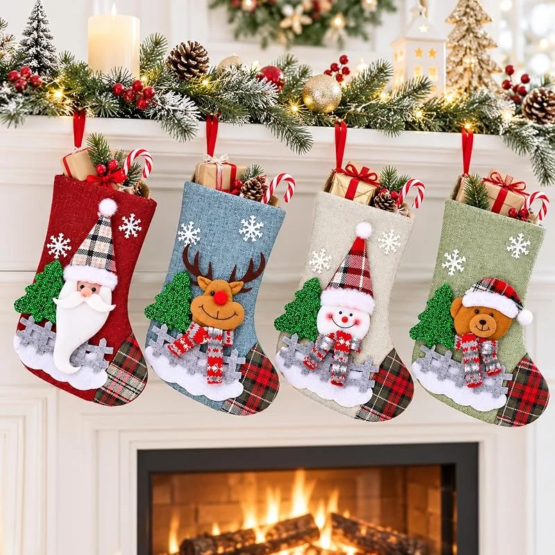 Fancysky Calcetines de Navidad Chimenea, 4 Piezas Medias de Navidad Bolsa de Regalo, Calcetines de Papá Noel, Medias Navideñas para Llenar y Colgar, Adorno de Navidad Bolsa de Dulces — Decoracion Navidad