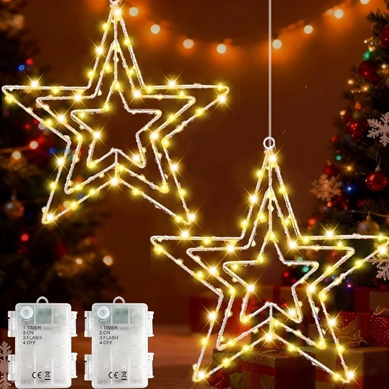 Joysing Luces Ventana Navidad 2 Piezas 75 LED Estrella Navidad Exterior a Pilas, Estrella Navideñas Luz con Temporizador, Impermeable Luce Navideñas para Ventana Interior Exterior — Decoracion Navidad