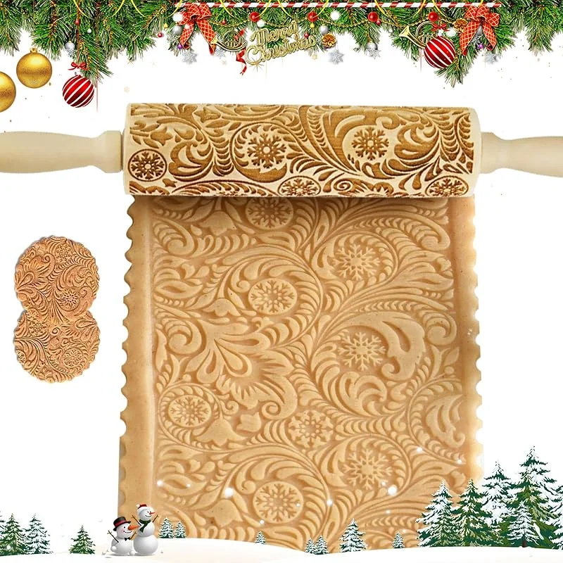Uoimky Rodillo de pasta en relieve, rodillo de Navidad con patrón, copo de nieve 3D, rodillo de masa con relieve, DIY Navidad para pastelería, galletas, repostería, cocina, 35 cm — Hogar y cocina