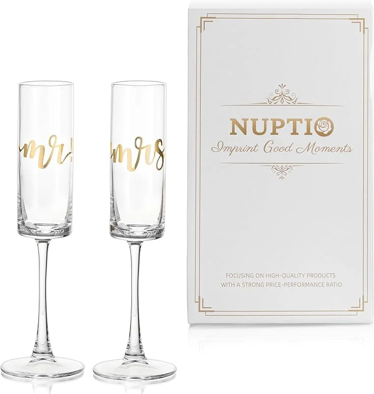 Visita la tienda de Nuptio Nuptio Copas Champagne Regalos Boda: Lote de 2 Mr Mrs Oro Novios Bodas Aniversario Pareja Valentin Personalizados Enamorados Mujer Matrimonio Romanticos Casan Personalizadas Valentín Grabadas — Vino y mesa festiva