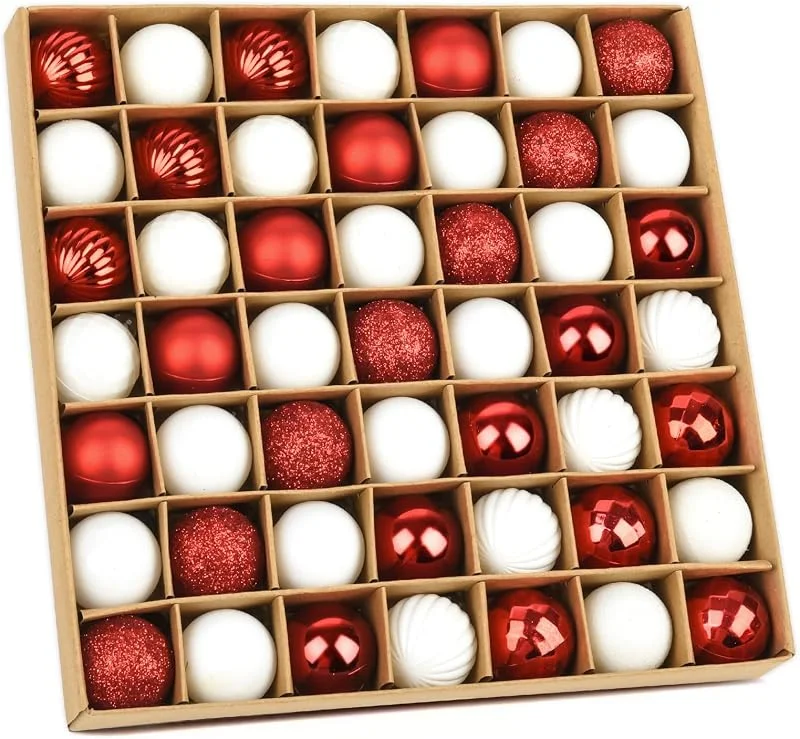 KYOEOE Set de 49 Bolas Navideñas Rojas y Blancas de 3cm - Adornos de Plástico Con Ganchos Para Árbol de Navidad - Mini Colgantes y Decoraciones — Decoracion Navidad