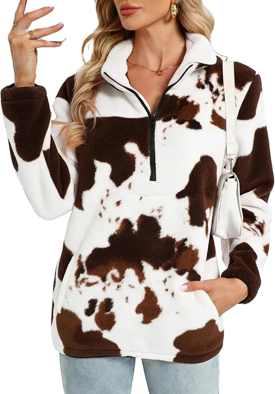Koerye Sudaderas sin Capucha con Cremallera Mujer Casual Polar Suelto Manga Larga Suéter Pullover Moda Jersey de Forro Polar Suelto Sweatshirt — Ropa Navidad