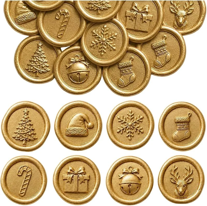 FCPEAG 24 Pegatinas Sello Cera Oro, Navidad, 8 Diseños — Envoltorio regalo