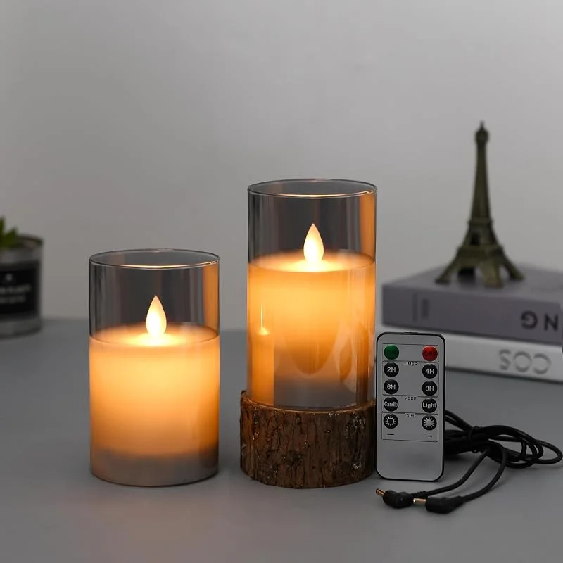 Lonkenn Pack de 2 Recargable Velas LED, Funciona con Pilas Velas con Gris Vidrio Efecto, USB Vela con Temporizador y Mando a Distancia, Para Navidad, Pascua, Fiestas, Bodas, Cumpleaño, 12.5cm — Luces Navidad