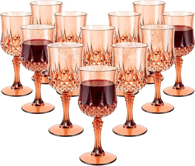 Oungy 12 copas de vino de plástico, 220 ml, reutilizables, con textura en relieve, para vino tinto, vino blanco, cócteles, fiestas y acampadas — Vino y mesa festiva