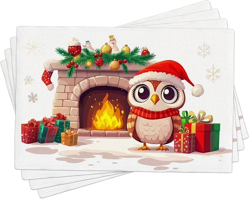 Generic Juego de 4 manteles individuales de búho de Navidad, manteles individuales para decoración de comedor, antideslizantes, lavables, para interiores y exteriores, fiesta de Navidad, 45, 7 x 30, 5 cm — Hogar y cocina