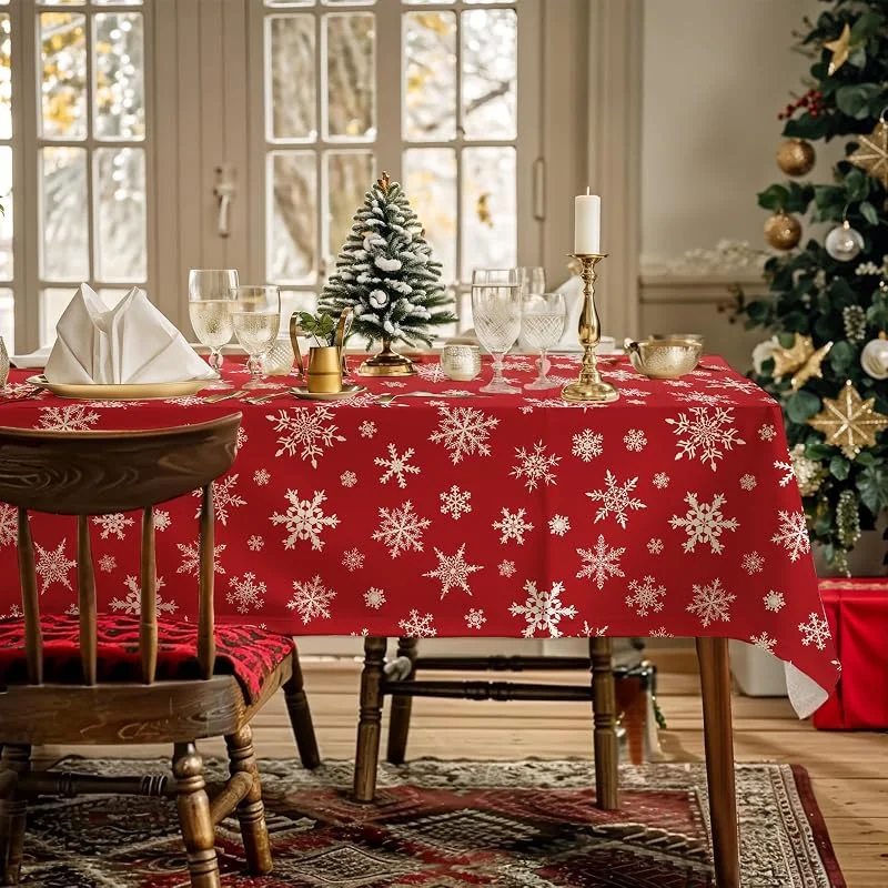 AIBIIN Mantel de Navidad Rectangular con diseño de Copo de Nieve Blanco, Tela de poliéster Impermeable, Color Rojo, Suministros de decoración de Mesa de Fiesta, 132x182cm — Hogar y cocina