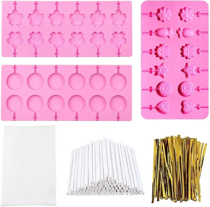 XINGYATU Moldes de silicona para piruletas, 12 unidades, moldes duros para caramelos, bandas de goma rosa con 100 palitos de piruleta, 100 cintas doradas, 100 bolsas de caramelos, molde de barra de chocolate — Hogar y cocina