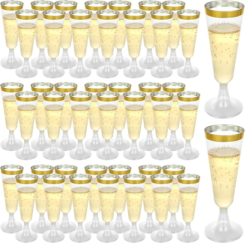 JMIATRY 100 copas de champán de plástico de 160 ml, copas de champán con borde dorado para fiestas, bodas, cumpleaños, pícnic — Vino y mesa festiva