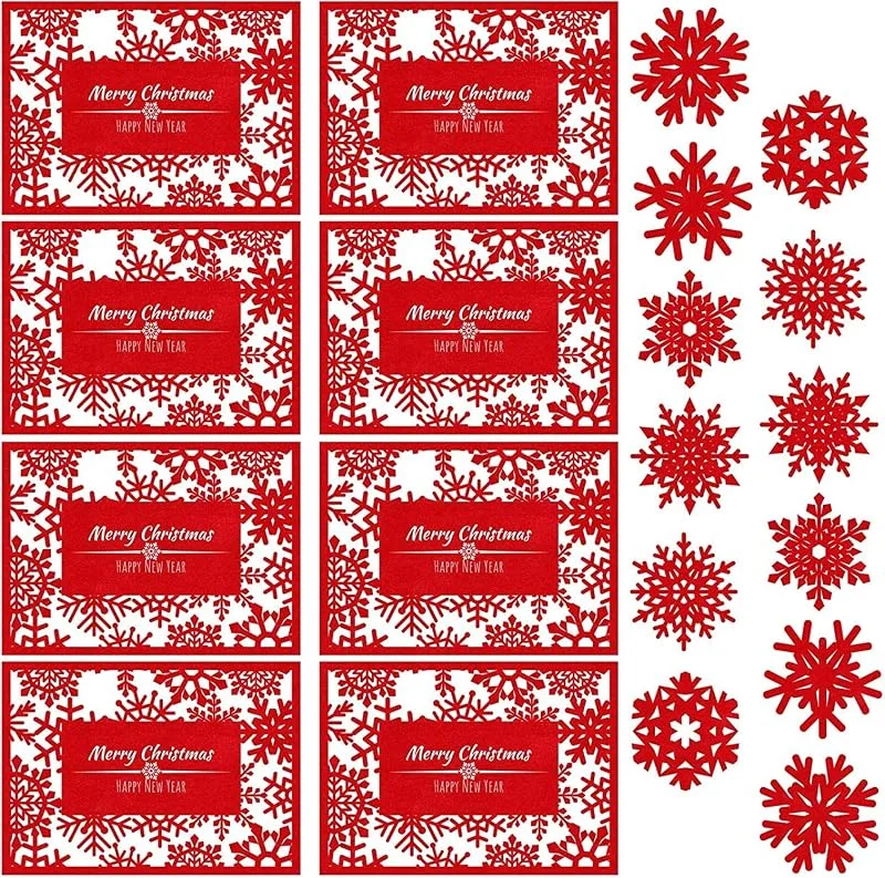 KAHEIGN 12 Piezas Salvamanteles Navideños con Posavasos, "Merry Christmas" y "Happy New Year" Manteles Individuales de Mesa de Fieltro Hueco con Posavasos de Copos de Nieve (35cm x 25cm) — Hogar y cocina