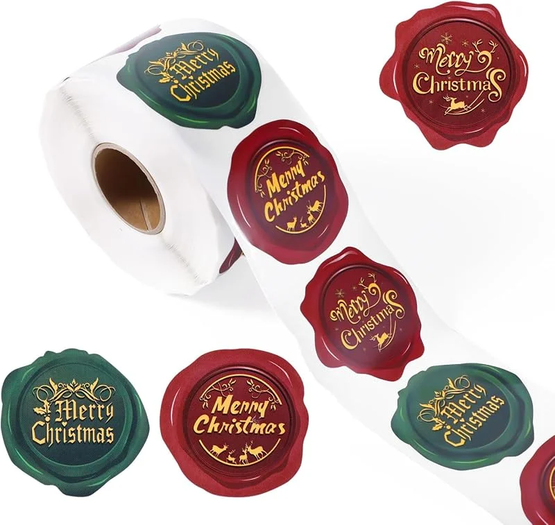 Gosknor 500 Piezas Pegatinas Navidad Rollo, 3, 8cm Redondas Pegatinas de Feliz Navidad Adhesivas Etiquetas Adhesivas para Sobres Álbumes de Recortes Tarjetas Etiquetas de Regalo Sellos Decoración — Envoltorio regalo