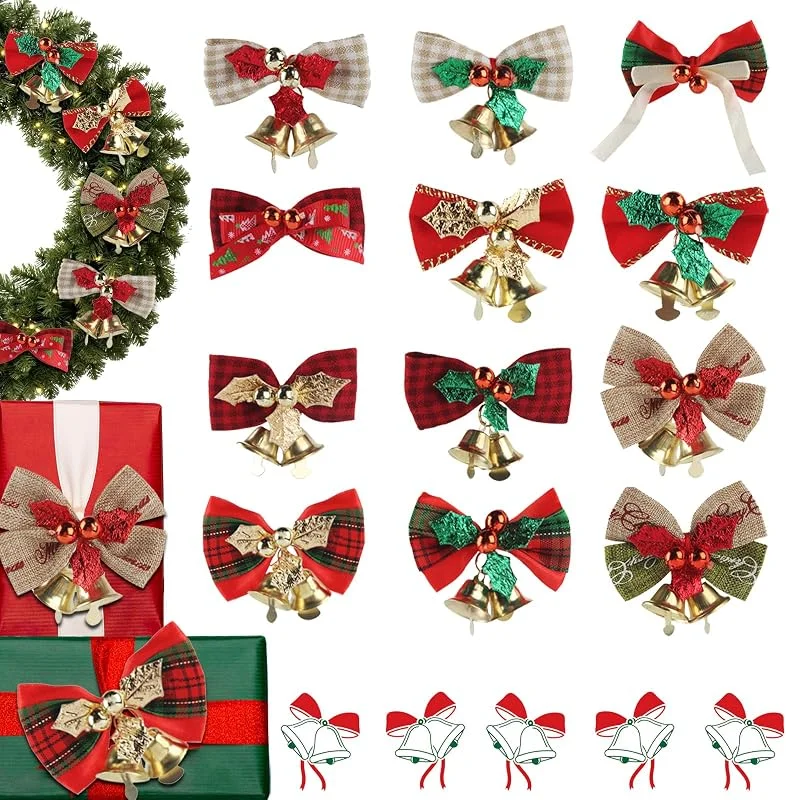 XIMEY Mini Lazos de Navidad, 12 Piezas Lino Lazos Navideños con Campanas, Arcos para Árboles de Navidad, Arcos Decorativos de Navidad, Lazos para Árboles de Navidad, Coronas Navideñas Decoración — Envoltorio regalo