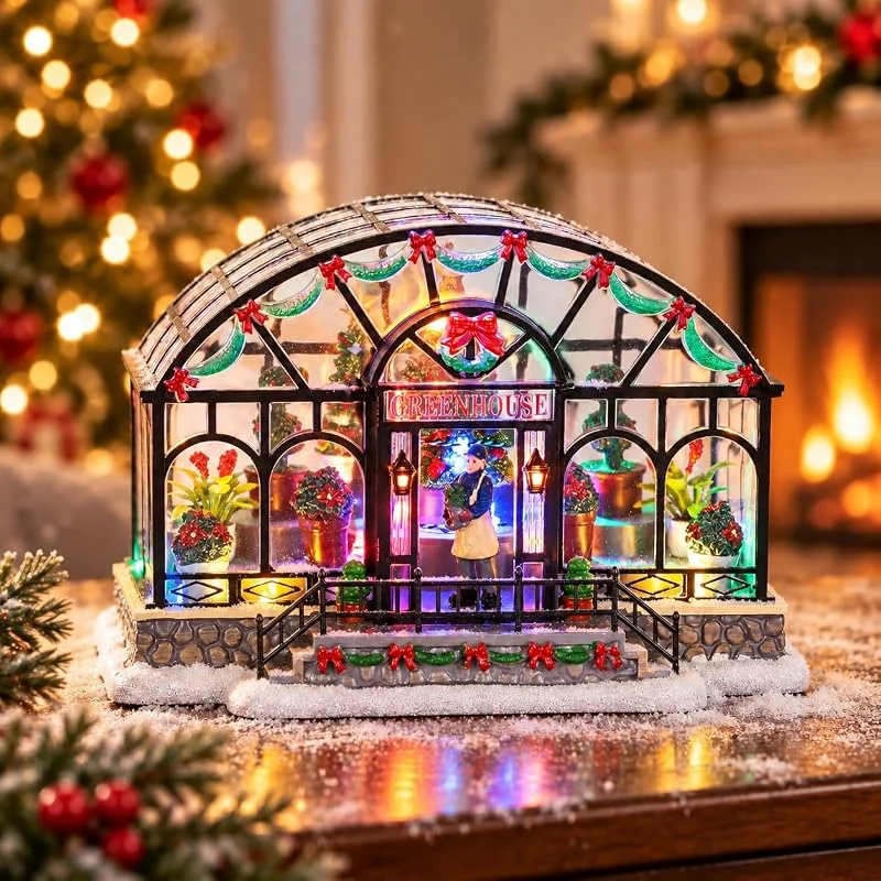 MEETYAMOR Decoración de invernadero de pueblo de Navidad iluminada, casa de pueblo de Navidad en miniatura LED, decoración de mesa de vacaciones alimentada por pilas para chimenea, entrada — Decoracion Navidad