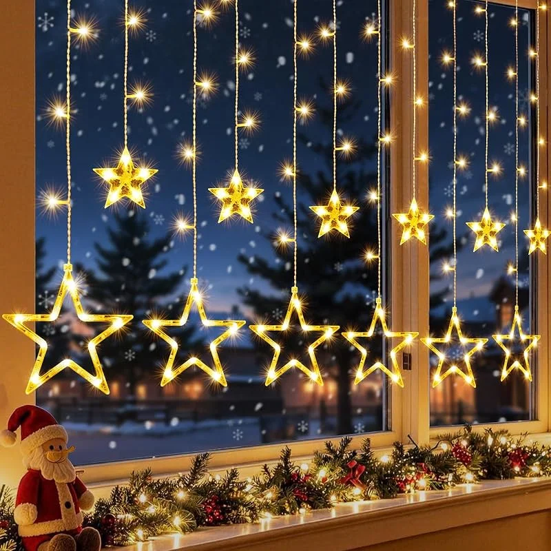 Visita la tienda de Quntis Quntis Cortina de Luces Estrella, 138 LEDs 2m Luces de Navidad Estrellas IP44 Impermeables 8 Modos Guirnaldas Cortina Luces para Exterior Interior Balcón, Ventana, Pared, Escaparate, Boda, Fiesta — Decoracion Navidad