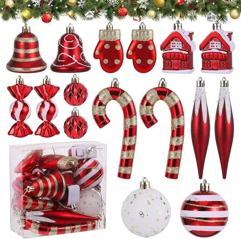 Visita la tienda de Huiguli Adornos de Navidad Set, 16 Piezas Plástico Adornos Navidad Irrompibles, Caramelos, Bastones, Cascabeles, Bolas Colgantes, 6-14cm, Decoraciones Navideñas Oro Rojas y Blancas con Ganch — Decoracion Navidad