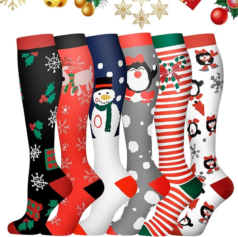 BRTNUP 6 pares de calcetines de compresión de Navidad para mujeres y hombres, calcetines de compresión de Navidad hasta la rodilla — Ropa Navidad