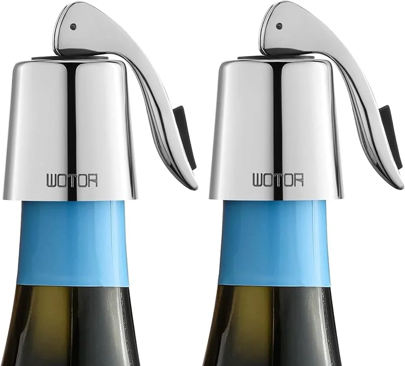 Visita la tienda de WOTOR WOTOR Tapón de Acero Inoxidable para Botella de Vino - Cierre Hermético de Silicona, Reutilizable, a Prueba de Fugas, Mantiene Fresco - Paquete de 2 (Plata) — Vino y mesa festiva