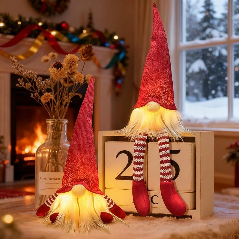 Bseical Figuras de Duendes navideños LED, decoración navideña Americana, iluminación navideña, decoración de Mesa, decoración de Navidad, Interior, gnomo pequeño Luminoso (Rojo) — Adviento y mesa