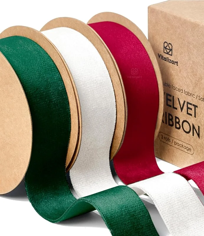 Visita la tienda de Vitalizart Vitalizart Set Cinta Terciopelo Burgundy & Cream & Dark Green 2, 5cm x 13, 7m — Envoltorio regalo