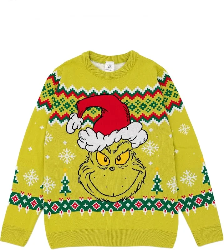 The Grinch Grinch Jersey de Navidad Verde Tejido, Suéter Festivo navideño - Cálido, Divertido y Acogedor, Icónica Ropa temática del Grinch para Celebraciones navideñas, Ideal para fanáticos del Grinch — Ropa Navidad