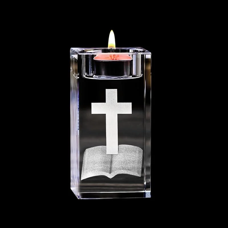 ZYDYRX Portavelas Cristal con Cruz 3D y Grabado Biblia Transparente Portavelas Católico para Bodas Iglesias Oraciones Decoración de Mesa Meditación 5 x 5 x 8 cm — Cena a la luz de velas