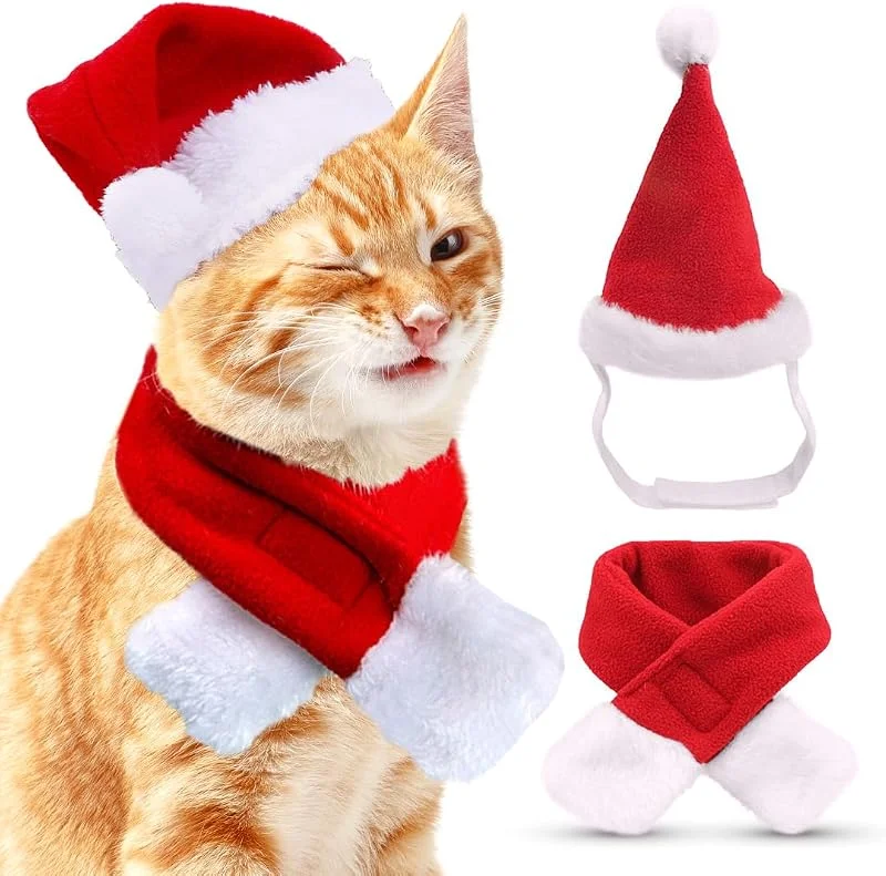 QUOHE Disfraz Navidad para Perros Gatos, Accesorios Ropa Navideño de Mascota, Sombrero de Santa y Bufanda Traje Decoración Navideña, Regalo Collar Roja Disfraces Navideños para Perro Gato Pequeños — Ropa Navidad