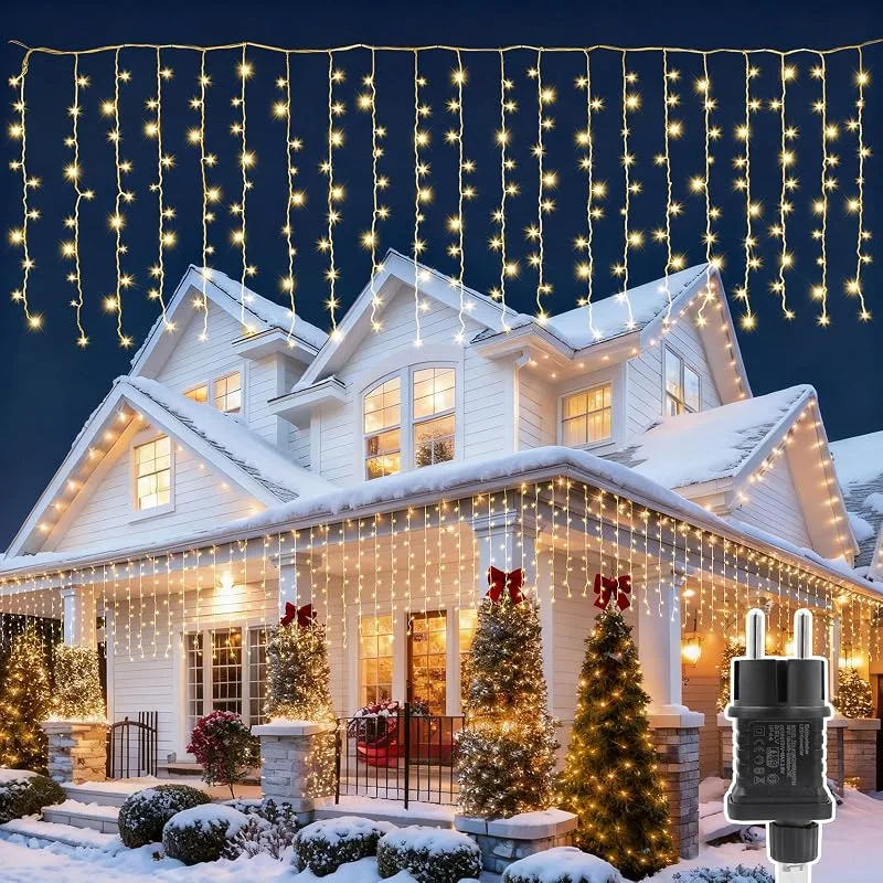 AdalyRoma cortina luces navidad exterior 4x1m, 8 Modos Y Temporizador 200 LED Luz De Cadena Cable Transparente Luz Blanco Cálido Para Interior Y Exterior Cortinas Bodas Navidad Fiestas Y Jardines